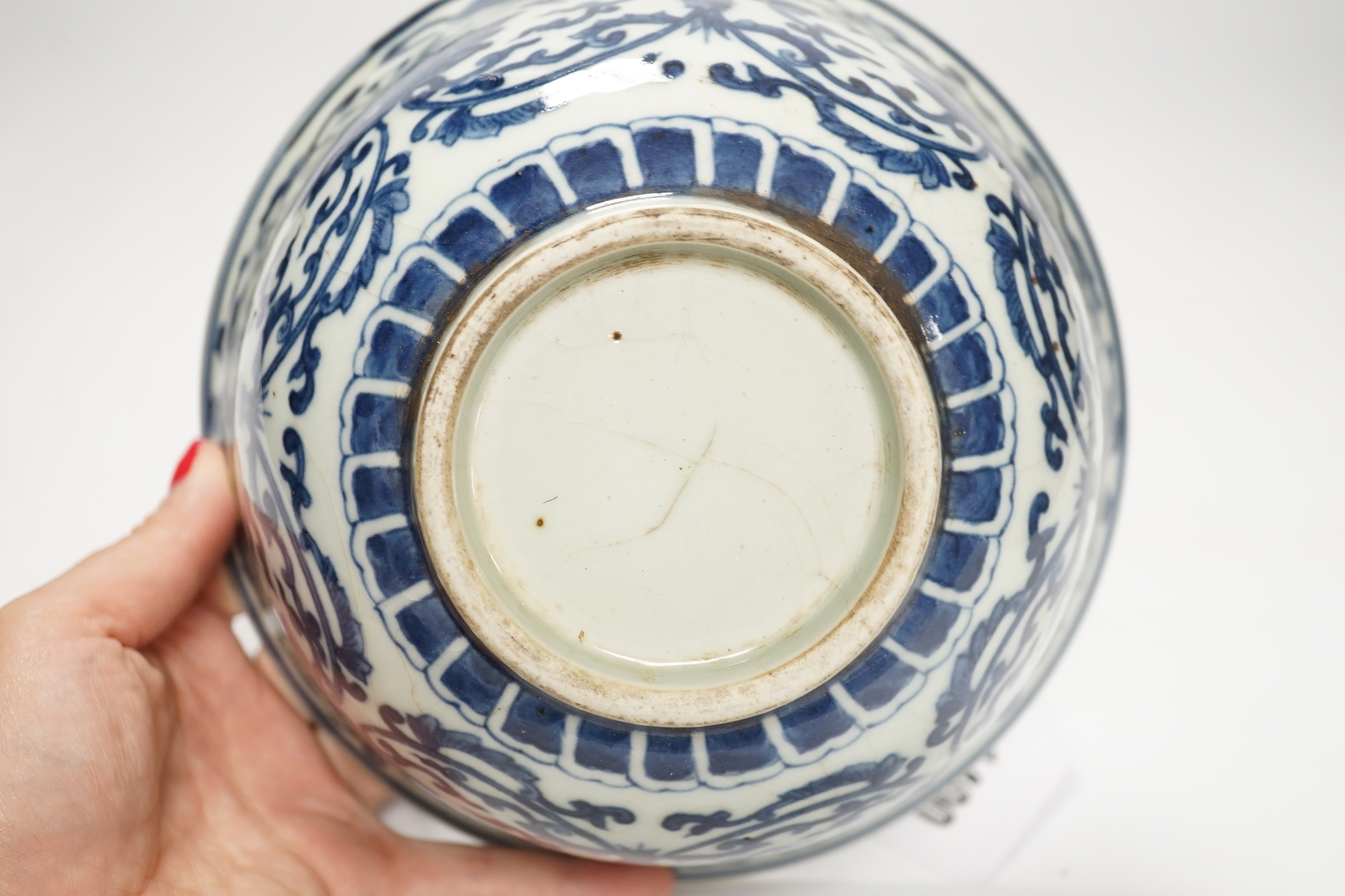 A Chinese blue and white 'lotus' bowl, 18.5cm diameter